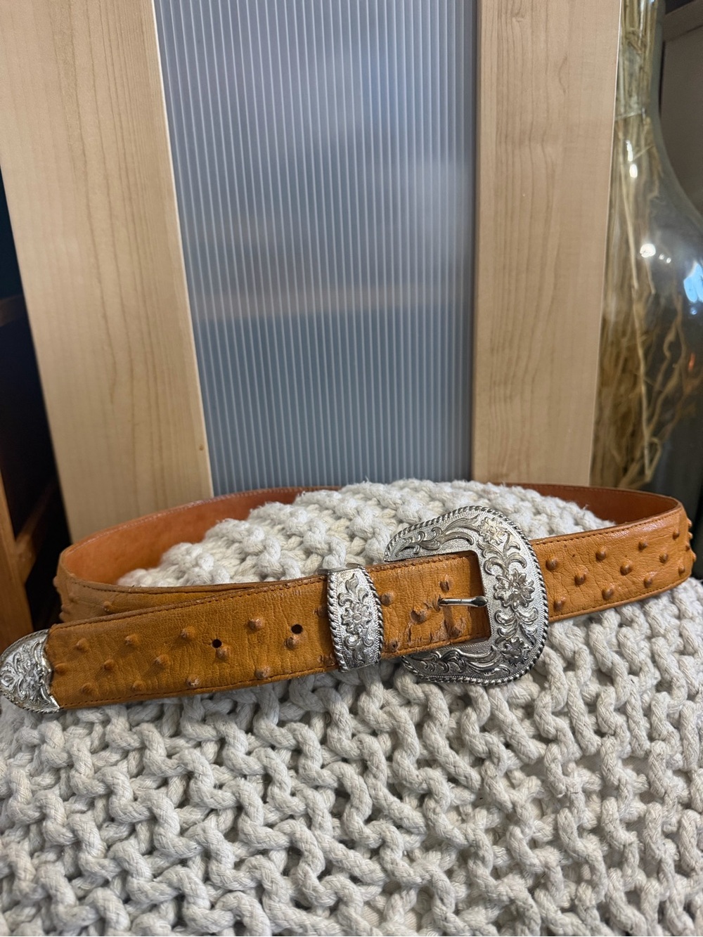 Vintage 1996 Ostrich Embossed Leather Western Belt Size 38